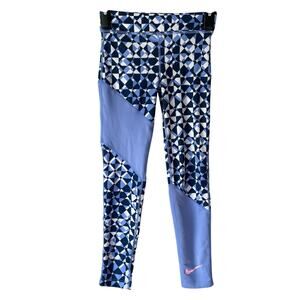Nike Blue Girl's Leggings M Activewear Tight Fit Athletic Printed Geometric